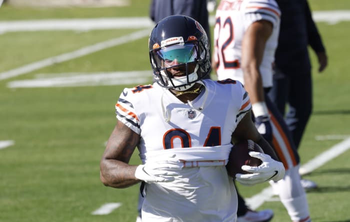 Dec 27, 2020; Jacksonville, Florida, USA; Chicago Bears wide receiver Cordarrelle Patterson (84) runs the ball before a game against the Jacksonville Jaguars at TIAA Bank Field.